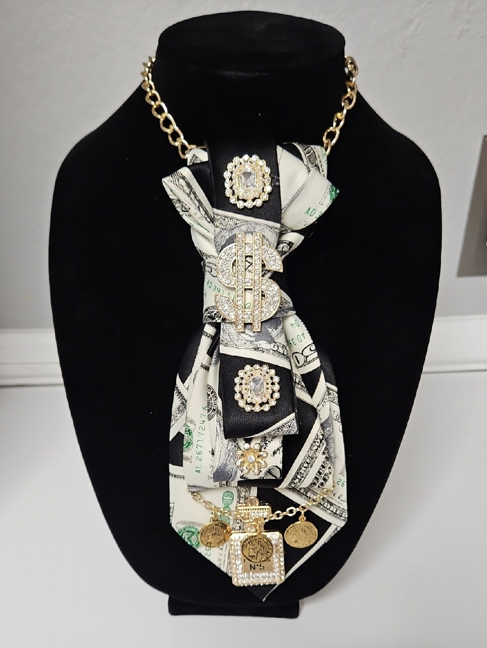 Money Print Silk Necktie Pendant Necklace - Black/White with Gold Accents